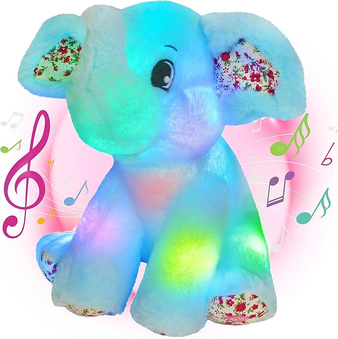 BSTAOFY 12‘’ Musical Light Up Elephant Plush Toy Floppy LED Stuffed Animals Lullabies Nightlight Bedtime for Kids Birthday Valentines for Toddlers, Blue