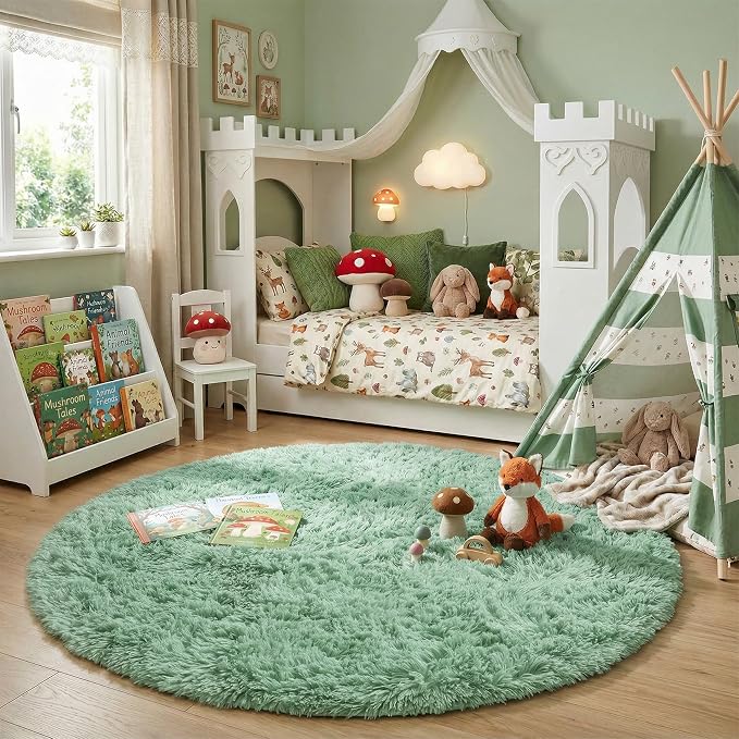 Amdrebio Sage Green Round Rug 6Ft for Living Room Bedroom, Fluffy Furry Circle Rugs for Nursery, Classroom, Baby Kids Room Decor, Cute Shaggy Area Rug for Teen Boys, Fuzzy Plush Light Mint Carpet