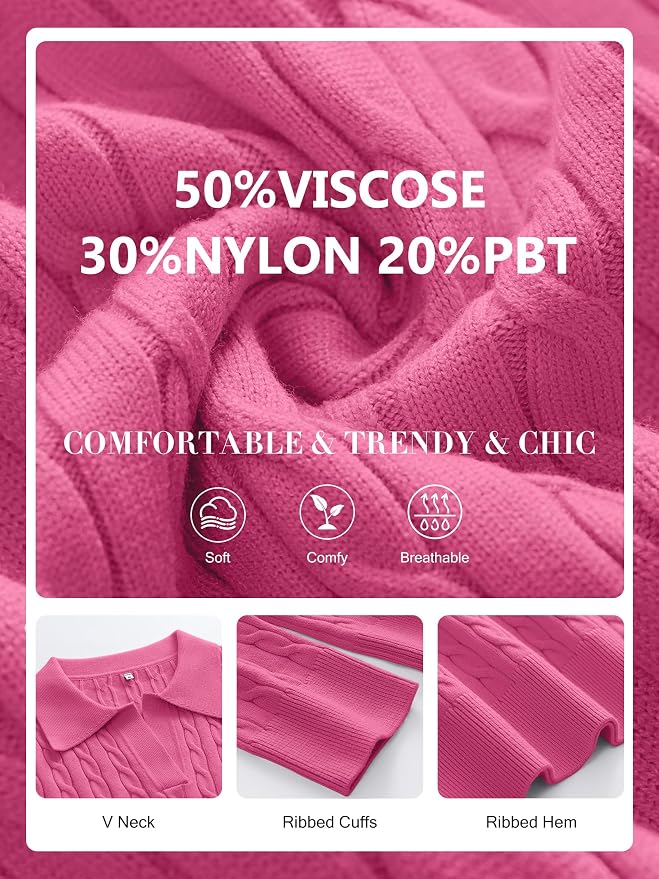 ANRABESS Womens Cable Knit Sweaters Long Sleeve V Neck | Pullover Collared Sweater Tops, Polo Knit Shirts, Business Casual Work, Tennis Golf, Fall Winter Fashion Outfits