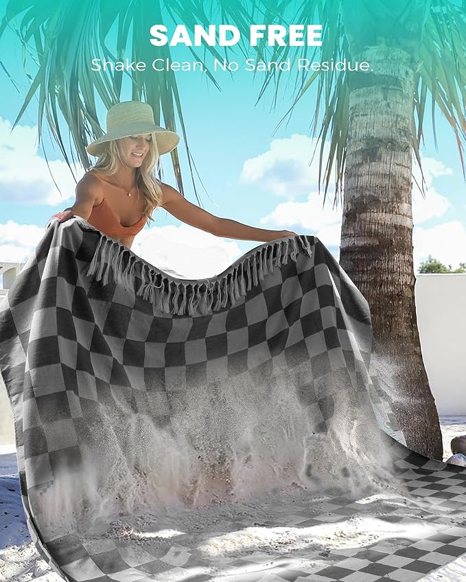 Antfuny Turkish Beach Towels Jumbo Extra Large XL Oversized Thin Sand Free Compact Foldable Outdoor Picnic Airplane Travel Essentials Yard Towel Black