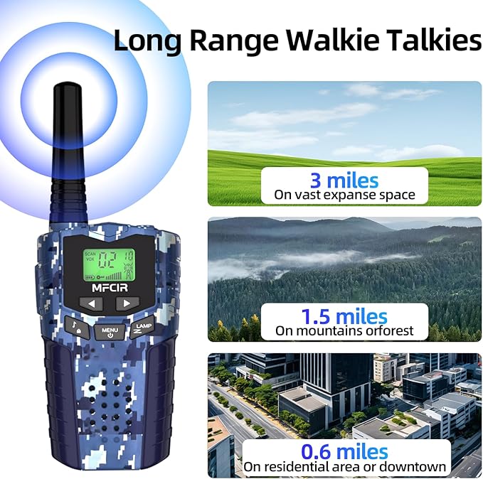 Rechargeable Kids Camouflage Walkie Talkies 3 Pack Long Range, 48H Work 7D Standby, LED Flashlight,Outdoor Camping Games Toys Gifts for 3-12 Year Old,Ideal Birthday for Boys & Girls