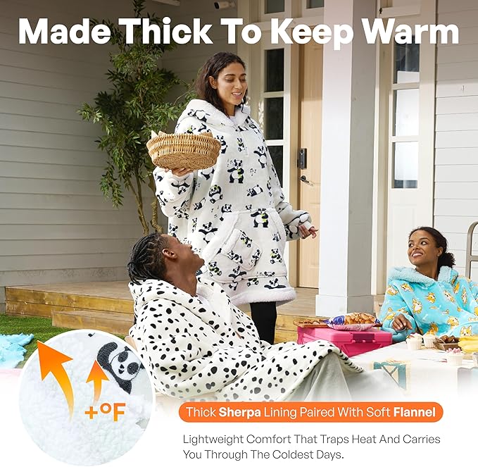 Giggling Getup Wearable Blanket Hoodie for Adults Gifts for Teen Girls Sister Women Sherpa Fleece Printed Hooded Blanket Sweatshirt Warm Cozy with Pocket & Sleeves Grey Panda