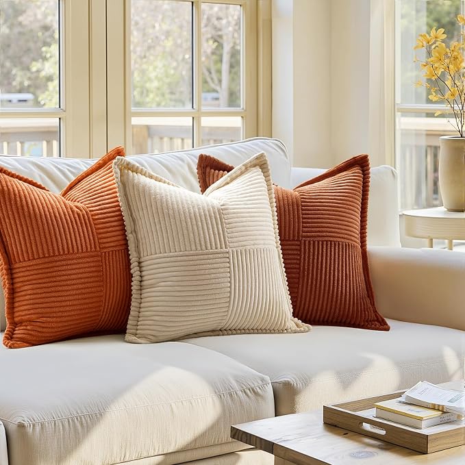 MIULEE Fall Rust Decorative Throw Pillow Covers for Couch 20x20 Inch | 2 Pack, Terracotta Boho Broadside Striped Patchwork Pillow Covers, Soft Corduroy Cushion Cases, For Sofa Bed Livingroom