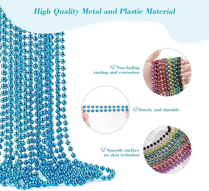 YAXINRUI 120 PCS Teal Bead Necklaces, Teal Mardi Gras Beads, 33 Inch Round Beaded Necklaces School Spirit Day Necklace for Mardi Gras Party Christmas Festive Events, Party Favors