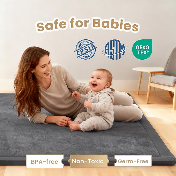 ACOMOPACK Baby Play Mat for Floor 1.3" Thick Memory Foam Play Mat 79"×118" Tummy Time Crawling with Non-Slip Bottom for Living Room,Nursery,Soft Velvet Playpen Mats for Kids,Infants（Dark Grey）