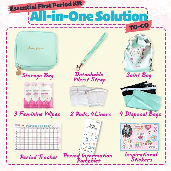 Essential First Period Kit for Girls 10-12 | Period Bags for Teen Girls for School | First Period Gift with Sanitary Pad Storage Bag, Wipes, Period Tracker and More(Mint)