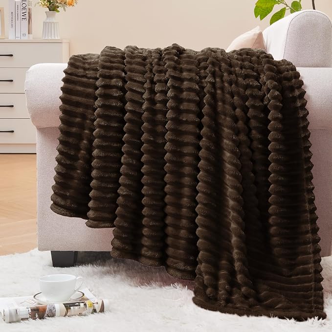 BEDELITE Ribbed Jacquard Dark Brown Fleece Twin Blanket for Bed, 60x80 Inch | Soft Warm Decorative Fluffy Blanket, Cozy Plush Lightweight Fuzzy Throw Blanket for Couch Sofa Room Decor, Gift for Women