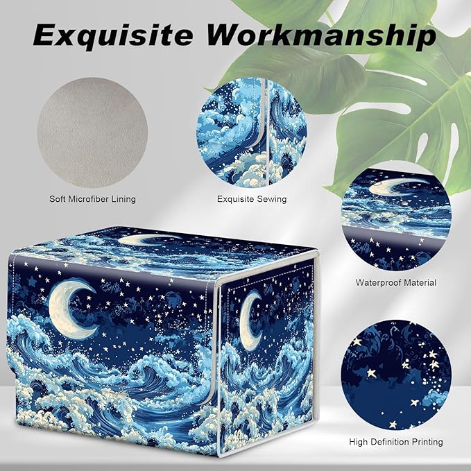 Card Game Storage Box TCG Deck Box MTG Card Box Organizer Trading Card Case Commander Deck Box TCG Card Storage Box Magnetic Closure Creative Pattern Up to 200 Cards, Blue Sky,Sea,Moon