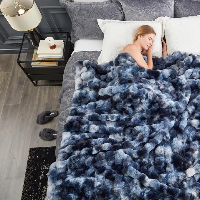 Cozy Bliss Faux Fur Throw Blanket for Couch, Fuzzy Soft Plush Thick Bubble Blanket for Sofa Bedroom Living Room, 90 * 90 Inches Tie Dye Blue