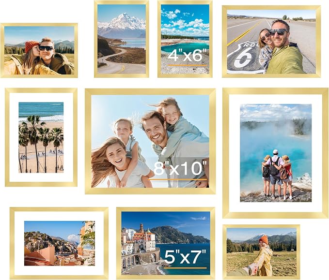 10 Pack Picture Frames Collage Wall Decor for Mounting or Tabletop Display, Gallery Wall Frame Set with Two 8x10 Gold Frames, Four 5x7 and Four 4x6 Frames, Multi-Pack Photo Frame Set