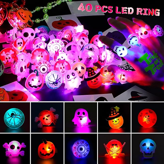 100 Pcs Halloween Party Favors for Kids, 40 LED Light Up Rings 10 LED Rotating Necklaces Glow In The Dark 50 Temporary Tattoos Halloween Toys Bulk Halloween Trick or Treat Toys Gifts Party Supplies
