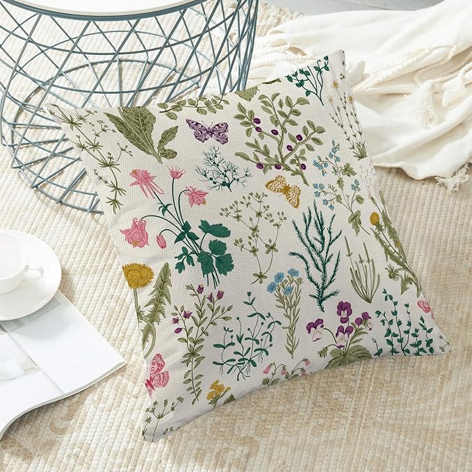 AEIOAE Spring Pillow Covers 24x24 Inch Set of 2,Sage Green Teal Wild Flower Plant Throw Pillows Case,Seasonal Floral Outdoor Decorative Linen Farmhouse Decor Cushion Covers for Home Sofa Bed Couch