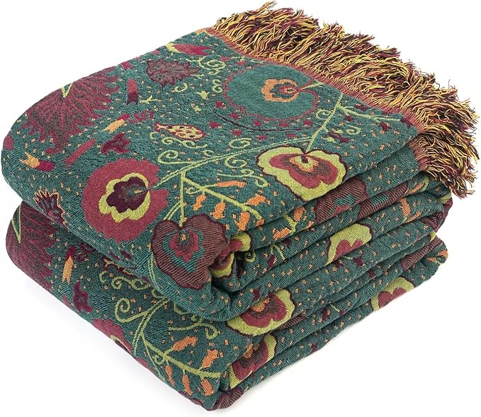 LUTBM Boho Throw Blanket for Bed 60"x80", 100% Cotton Cozy Couch Blankets | Forest Green Reversible Floral, All-Season Twin Quilt, For Chair Sofa Living Room Decor, Lightweight & Breathable, Women Gift