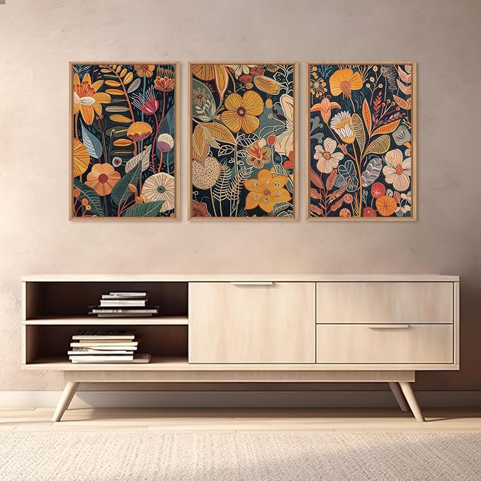 FWIEXA Boho Orange Floral Framed Wall Art Set of 3, Modern Botanical Canvas Wall Prints, Brunt Rust Pictures Wall Decor, 16x24 Inches Fall Plant Painting for Living Room, Bedroom, Office