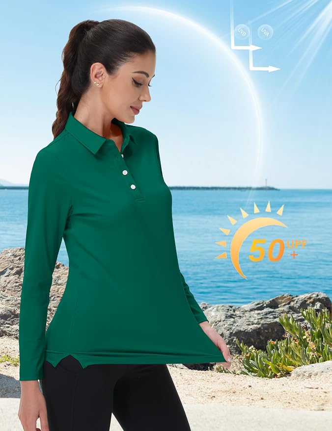 MAGCOMSEN Long Sleeve Polo Shirts for Women Golf Tops with Collar Work | UPF 50+ Sun Protection, 4 Buttons, Moisture Wicking, Breathable, 4-Way Stretch, Collared, Quick Dry, Active, Casual, Tennis