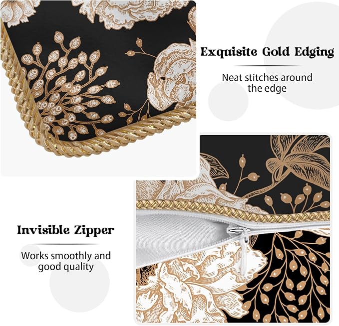 KSLIDS Vintage Peony Roses Floral Soft Velvet Throw Pillow Covers Set of 2 White Roses Flower Bloom Leaves Decorative Pillow Covers 16x16 Inch Black Gold Cream Pillow Case for Sofa Couch Home Decor