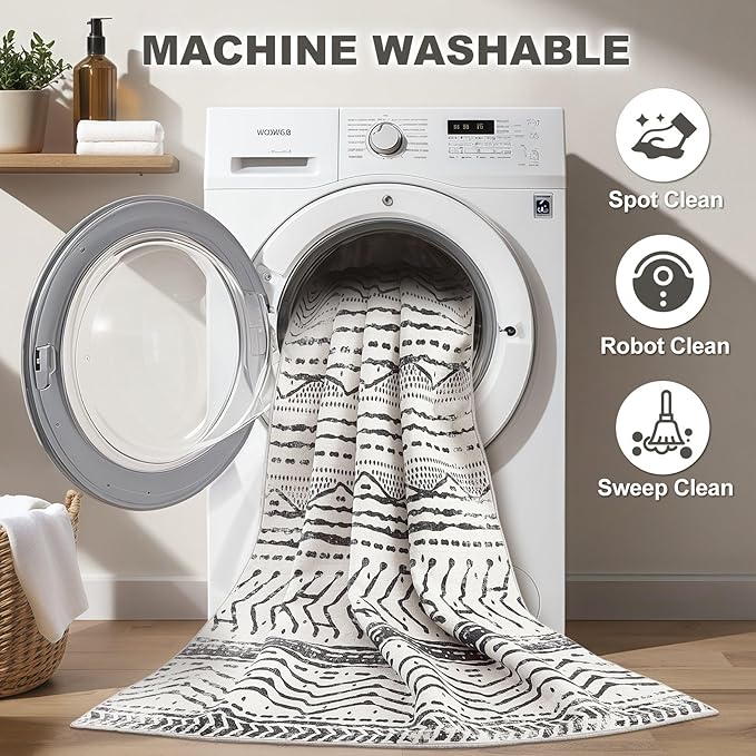 Nakagishi Boho 5x7 Area Rug Living Room Rugs Machine Washable Black | Soft, Pet & Kid Friendly, Carpet for Living Room/Bedroom/Office/Kitchen/Nursery, Daily Home Decor Stain Resistant Moroccan