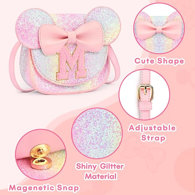 mibasies Toddler Purse Girl Gifts: Girls Birthday Gifts for 3-8 - Toys for Ages 2-4 Girls Mouse Ears Purse, Glitter Rainbow, Letter M