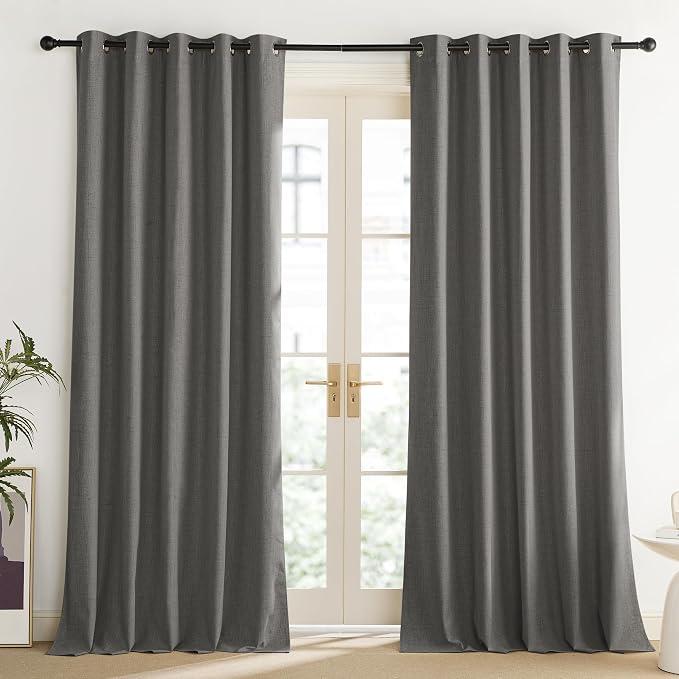 NICETOWN Grizzle Gray Vintage Linen 100% Blackout Curtains for Living Room, Thermal Insulated Curtains 95“ Long, Noise Reducing Window Treatment Drapes for Home Office, 62" Wide Per Panel, Set of 2