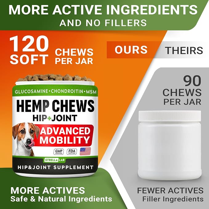 STRELLALAB Hemp Chews for Dogs - Hip & Joint Supplement with Glucosamine - Joint Pain Relief Treats - Omega 3, Chondroitin, MSM - Advanced Mobility Support - Bacon Flavor - 120 Ct - Made in USA