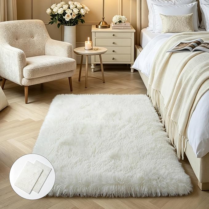 KCHOWUA Cream White Fluffy Area Rug 2x3, 2 Pcs Machine Washable Fuzzy | Soft plush shaggy throw rug Ivory for girls bedroom, living room, kids room, dorm, and nursery