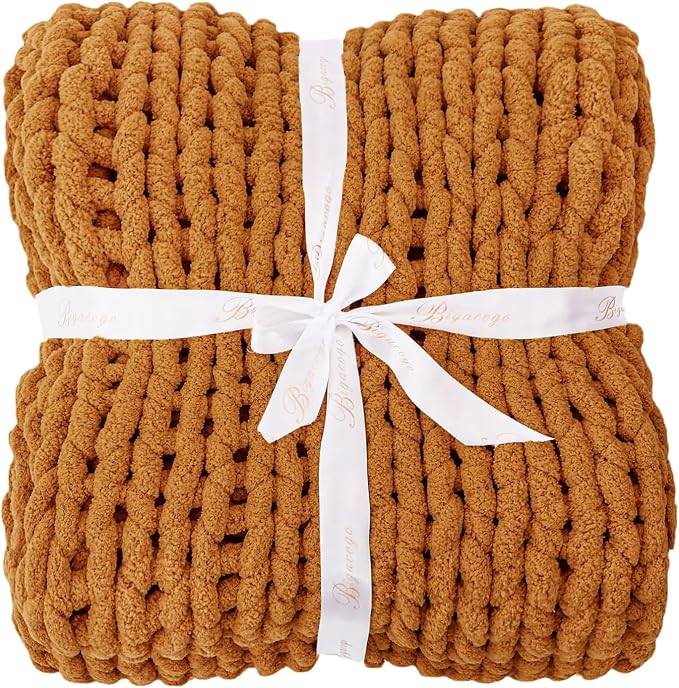 Bigacogo Chunky Knit Throw Blanket for Couch, 40x80 inches, Burnt Orange | Hand Knit with Jumbo Chenille, Soft Breathable Cable Knit for Sofa Bed Living Room, Machine Washable, Gift for Mom Friend