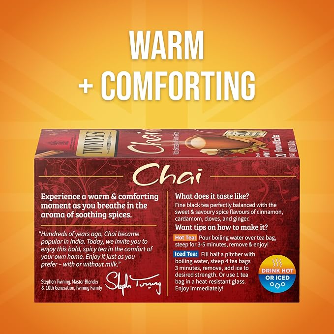 Twinings Chai Black Tea Individually Wrapped Bags, 20 Count (Pack of 1), Sweet, Savoury Spices, Caffeinated, Enjoy Hot or Iced, 20 Teabags