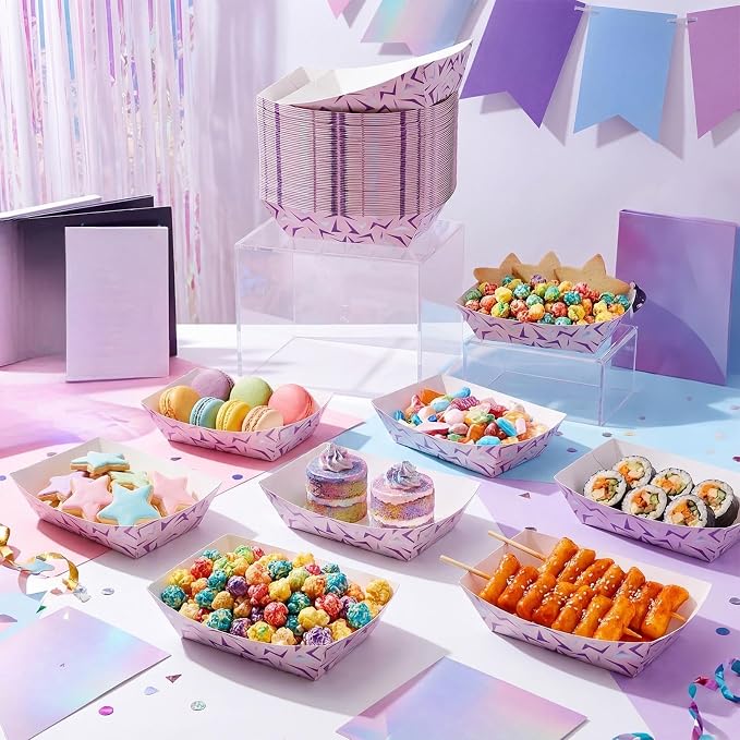 50 Pcs K Pop Plates Kpop Party Paper Food Trays Music Theme Heavy Duty Paper Food Boat Disposable Serving Basket for Korean Snack French Fries Nachos Hot Dog Popcorn Picnic Wedding Kpop Party