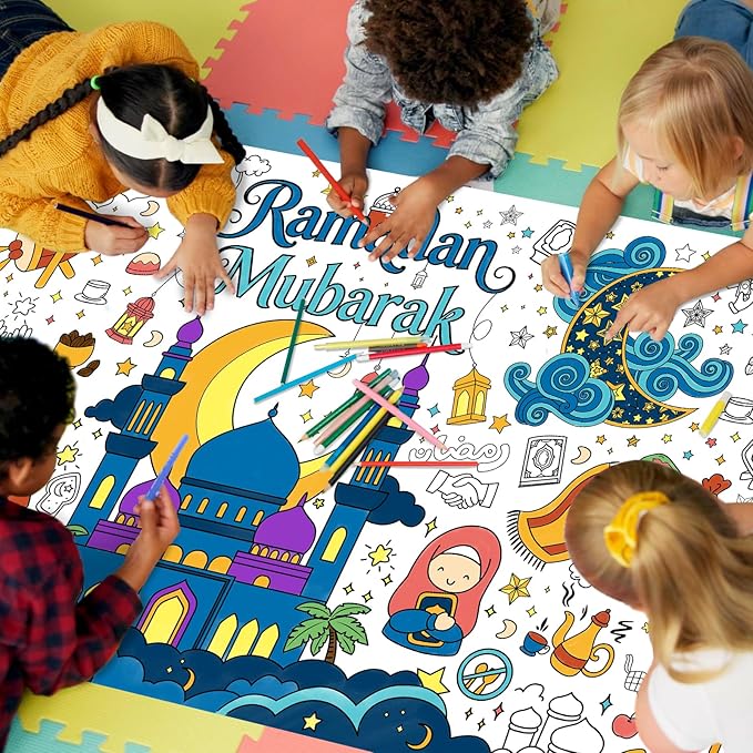 Ramadan Activity Poster & Home Decor - 31.5 x 72" Coloring Banner/Table Cover for Eid Mubarak Decoration, for School Parties & Ramadan Decoration