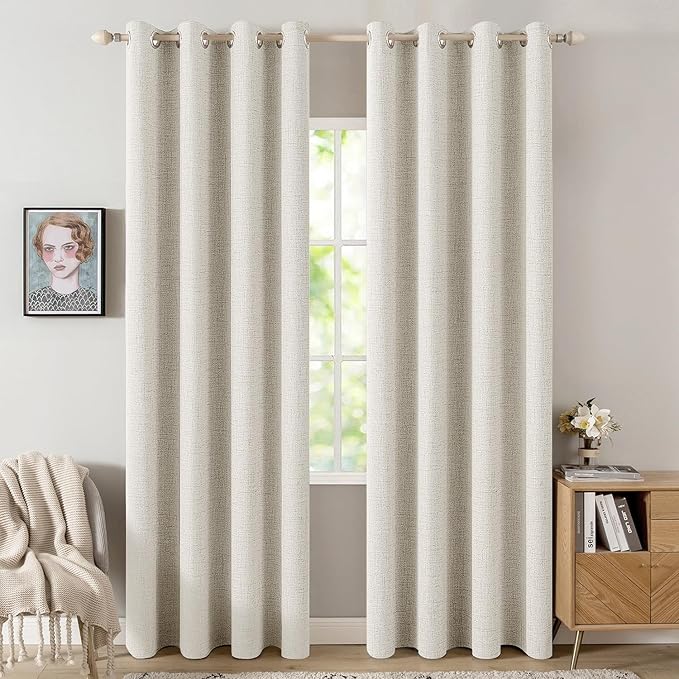 MIULEE Linen Texture Curtains for Bedroom Solid 100% Blackout Thermal Insulated Linen Beige Curtains Grommet Room Darkening Drapes for Living Room 52x96 Inch (2 Panels)