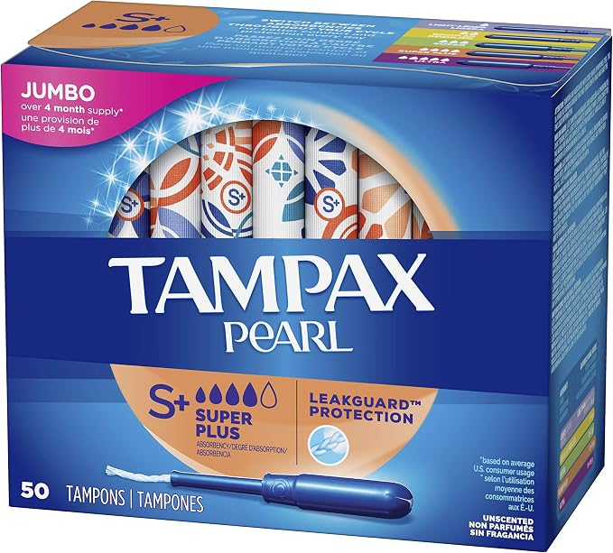 Tampax Pearl Tampons with Plastic Applicator, Super Plus Absorbency, Unscented, 50 Count - Pack of 6 (300 Count Total)