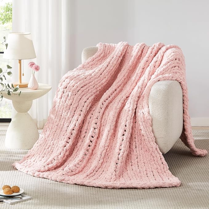 L'AGRATY Chunky Knit Throw Blanket for Couch, 60'' x 80'' Knit Throw, Pink | Handmade Chenille Crochet Blanket for Sofa Bed, Thick Cable Knitted Blankets for Room Home Decor, Birthday Gift for Women Mom