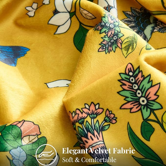 MUSSEL Yellow Velvet Floral Decorative 20x20 Pillow Covers Set of 2 | Soft Durable and Sturdy,Bird Plant,Throw Pillows Case,Square,Colorful Farmhouse Cushion Covers,Home Sofa Bed Couch Decor