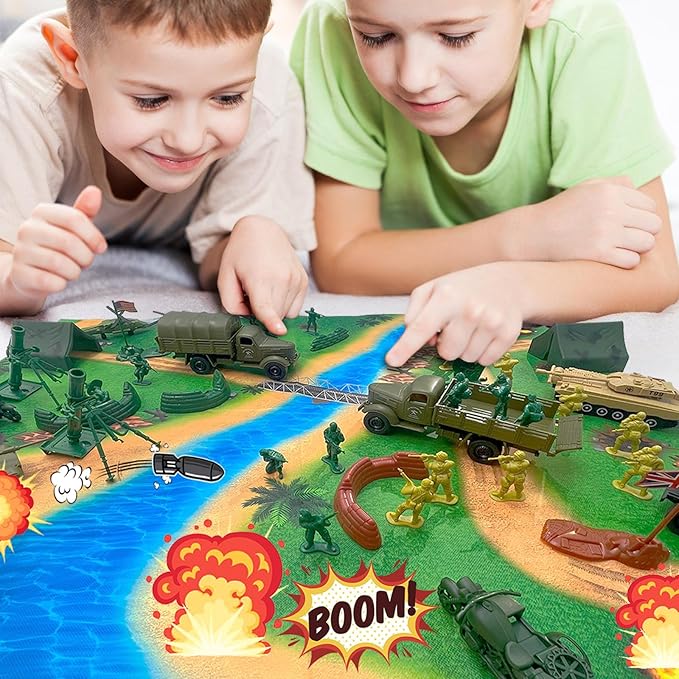 Army Men Toys Large Battle Playset-Set Includes Army Men Action Figures, Military Battle Mat, Tanks, Helicopters, Jeep, Ambulance, Trucks, Cannon, Tents (120 PCS)