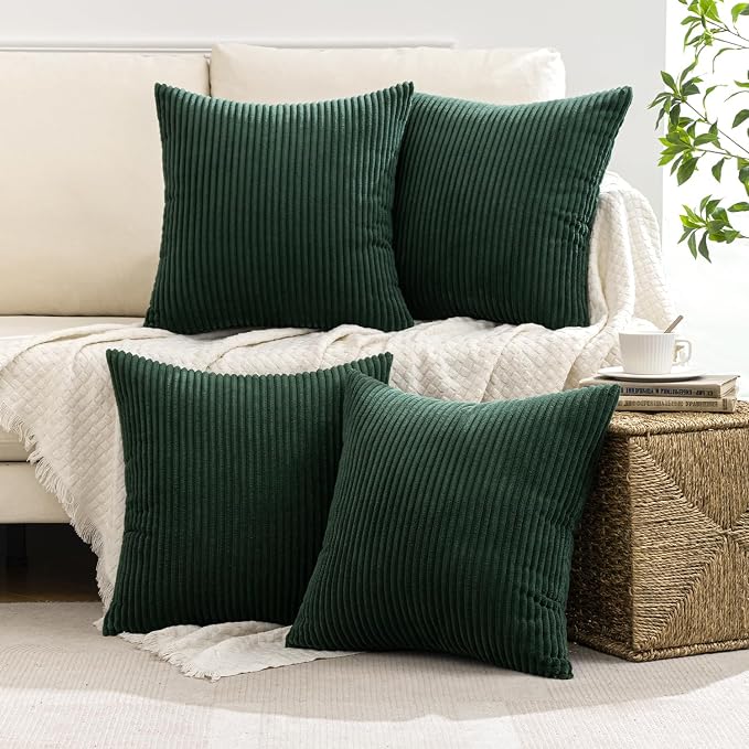 MIULEE Soft Corduroy Decorative Throw Pillow Covers Army Green 18x18 | Set of 4, Mordern Nordic Christmas Decor, All Same Color Set, Boho Farmhouse Cushion Covers for Couch Bed Sofa Living Room