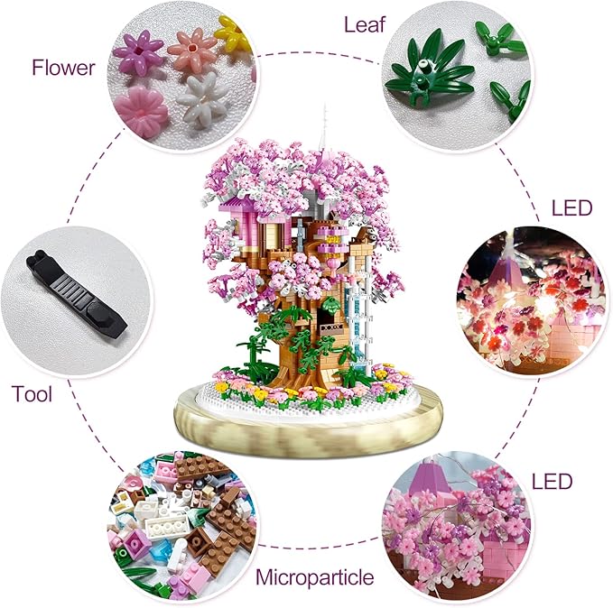 Cherry Blossom Bonsai Tree House Building Flowers Set for Adults, 1382 Pcs Micro-Particle Ideas Sakura Tree Building Blocks, Complete with String Lights, Dust Cover, and Wooden Base