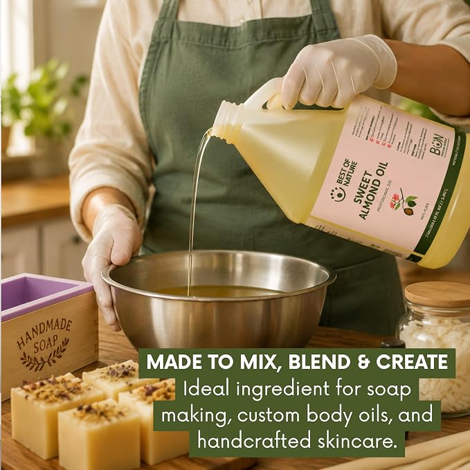 Best of Nature 100% Pure Sweet Almond Oil – Moisturizing Massage & Body Oil, Unscented for Hair, Skin, Face, Soap Making, Aromatherapy, Ideal Carrier for Essential Oils, 1 Gallon (128 fl oz)