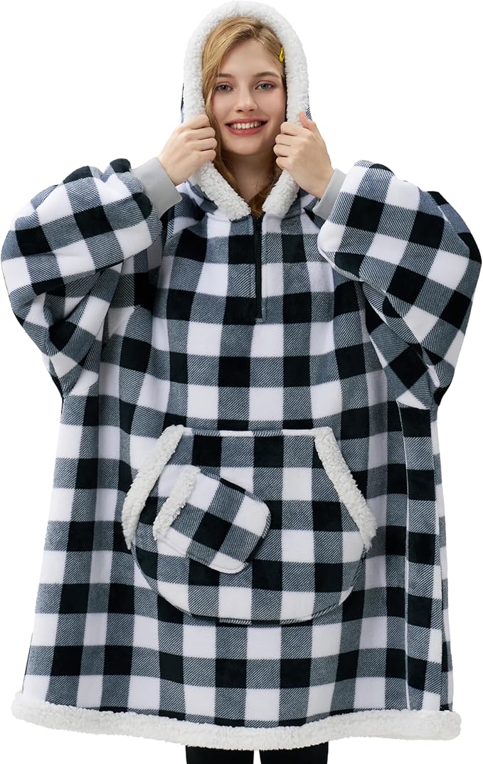 Giggling Getup Wearable Blanket Hoodie for Adults Gifts for Teen Girls Sister Women Sherpa Fleece Printed Hooded Blanket Sweatshirt Warm Cozy with Pocket & Sleeves Black Plaid