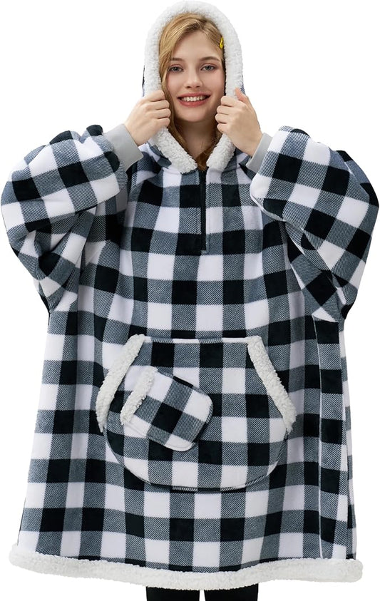 Giggling Getup Wearable Blanket Hoodie for Adults Gifts for Teen Girls Sister Women Sherpa Fleece Printed Hooded Blanket Sweatshirt Warm Cozy with Pocket & Sleeves Black Plaid