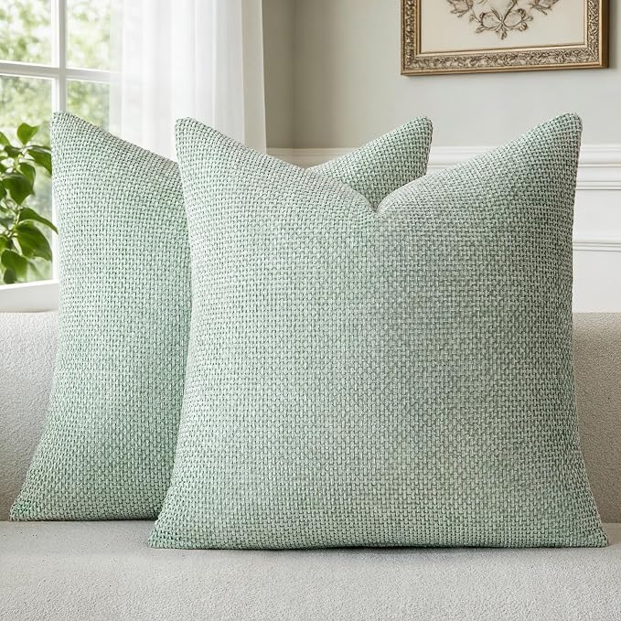 a moment Light Green Chenille Throw Pillow Covers 18x18 Inch Pack of 2 Modern Decorative Throw Pillow Covers Farmhouse Cross Covers Home Decor for Sofa Bedroom Living Room