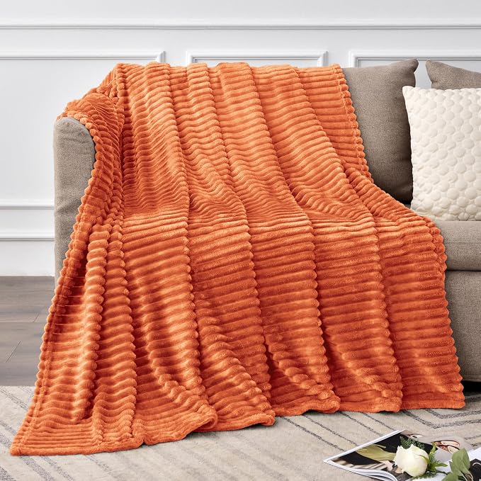 BEDELITE 3D Ribbed Burt Orange Fall Throw Blanket for Couch, 50x60 Inch | Soft Warm Decorative Fluffy Blanket, Cozy Plush Lightweight Fuzzy Throw Blanket for Bed Sofa Room Fall Decor, Gift for Women