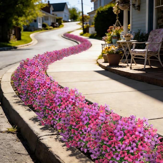 Ouddy Decor 16 Pcs Artificial Flowers for Outdoors Decor, Purple & Rose Red | Realistic, silk flowers, faux plastic plants, UV resistant, for summer garden porch window vase indoor outdoor home decor