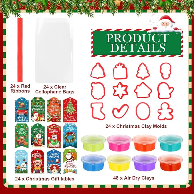 Blosssound Christmas Clay Sets Pcs Christmas Party Favors with Pcs Xmas Clays Molds DIY Holiday Clay Craft Kit for Classroom Gifts Treat Bags Stuffers Supplies(Green, Modern)