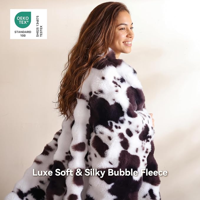 Faux Rabbit Fur Throw for Couch - Cow Brown Bubble Blanket 50"x60" | Fluffy Plush Fuzzy Throw for Sofa & Bed, Super Soft Cozy Comfrt Blanket, Luxury Aesthetic Cow Print Decor Gift for Women