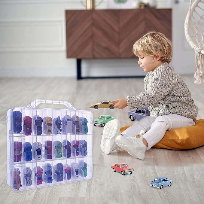 Double Sided Toy Car & Doll Storage Case - 48 Compartments, Portable Transparent Case