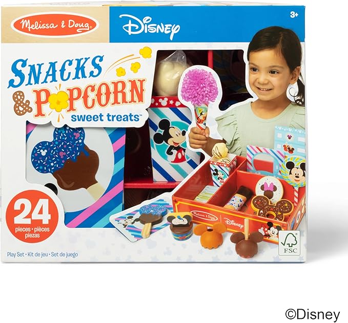 Melissa & Doug Disney Snacks & Popcorn Wooden Play Food Set – 24 Pieces | Mickey Mouse, Minnie, Wooden Toy for Boys and for Girls 3+ - FSC Certified
