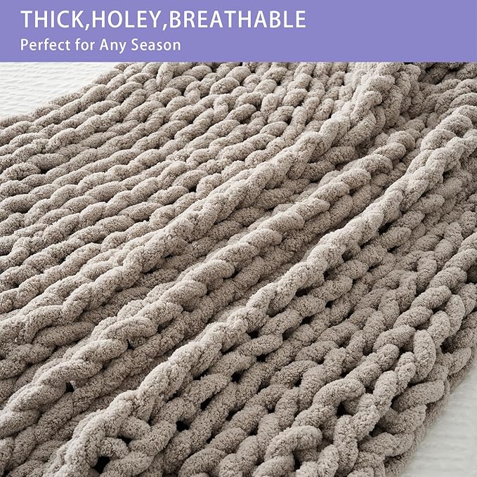 Bigacogo Chunky Knit Throw Blanket for Couch, 80x90 inches, Taupe | Hand Knit with Jumbo Chenille, Soft Breathable Cable Knit for Sofa Bed Living Room, Machine Washable, Gift for Mom Friend