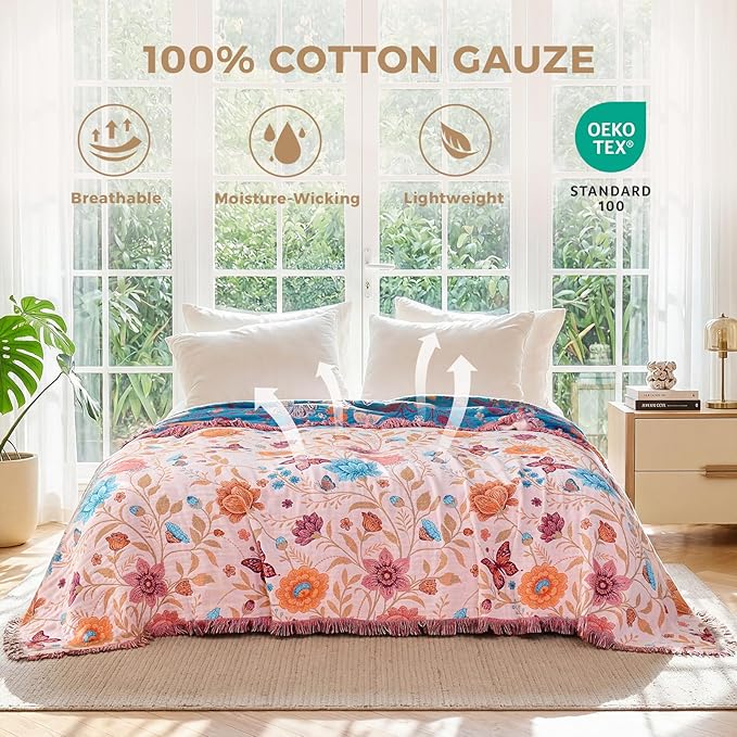 LUTBM Boho Throw Blanket for Couch 50"x60", Cotton Decorative Bed Throw | Reversible Floral Butterfly Jacquard, All-Season Muslin Blanket, Lightweight Throws, For Chair Sofa Bedroom Living Room Decor
