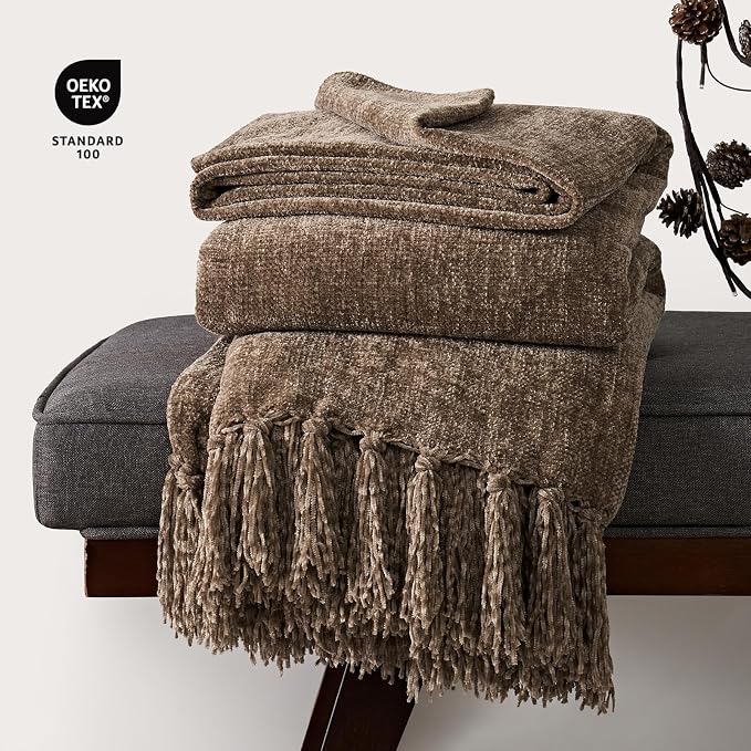 Chenille Knit Throw Blanket for Couch, 60"x80", Mocha Brown | Cozy Plush Fuzzy Knittd Throw with Tassels, Lightweight, Decorative, Farmhouse Decor, Ideal for Bed Sofa Gift, All Seasons