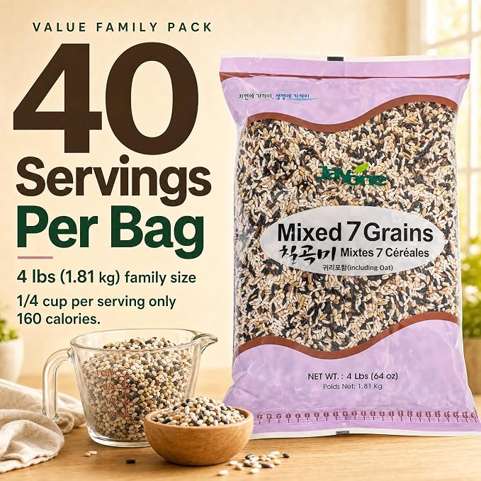Jayone Mixed 7 Grains, 4 lbs - Korean Multigrain Rice Blend with Brown Rice, Barley, Millet & Sorghum